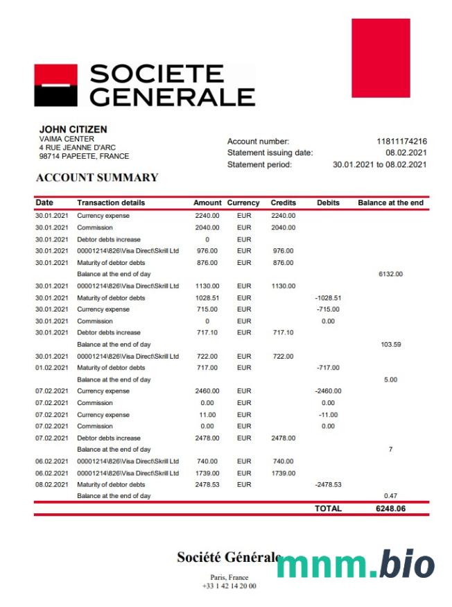 France Société Générale wzór wyciągu bankowego, Word and PDF format
